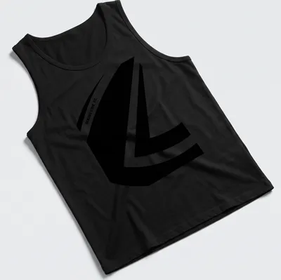 Minimalist GRAUND DSGN logo in black on a white — printed on a tank top