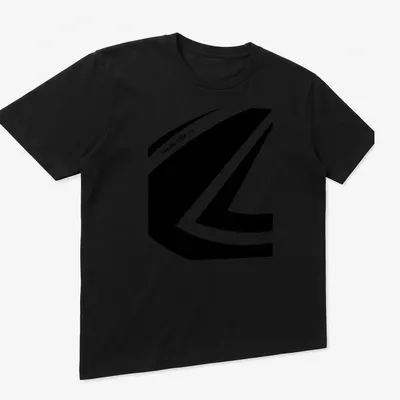 Minimalist GRAUND DSGN logo in black on a white — printed on a unisex t-shirt (angled view)