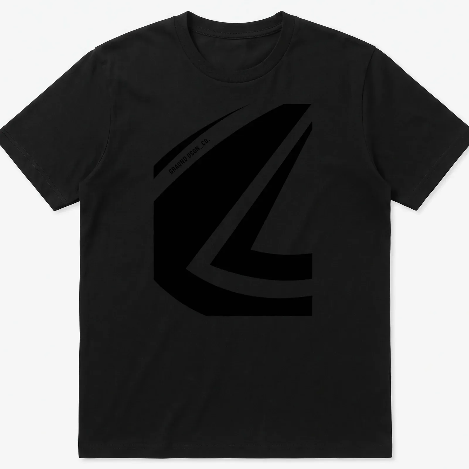 Minimalist GRAUND DSGN logo in black on a white — printed on a unisex t-shirt