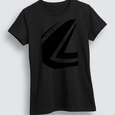 Minimalist GRAUND DSGN logo in black on a white — printed on a women's shirt