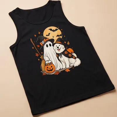Kawaii illustration of a Great Pyrenees dog as a ghost with a witch hat — printed on a tank top
