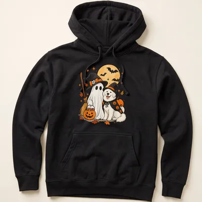 Kawaii illustration of a Great Pyrenees dog as a ghost with a witch hat — printed on a unisex hoodie