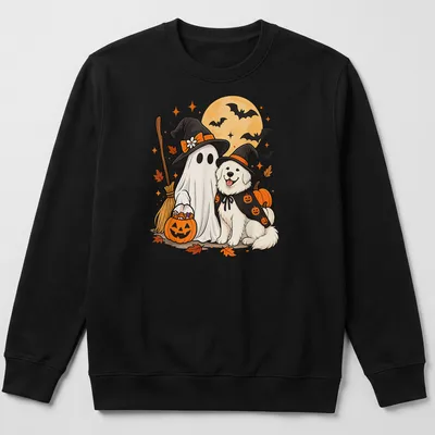 Kawaii illustration of a Great Pyrenees dog as a ghost with a witch hat — printed on a unisex sweatshirt