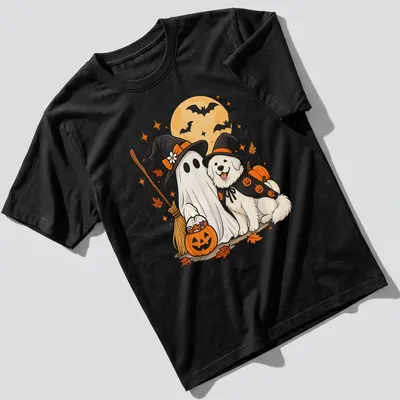Kawaii illustration of a Great Pyrenees dog as a ghost with a witch hat