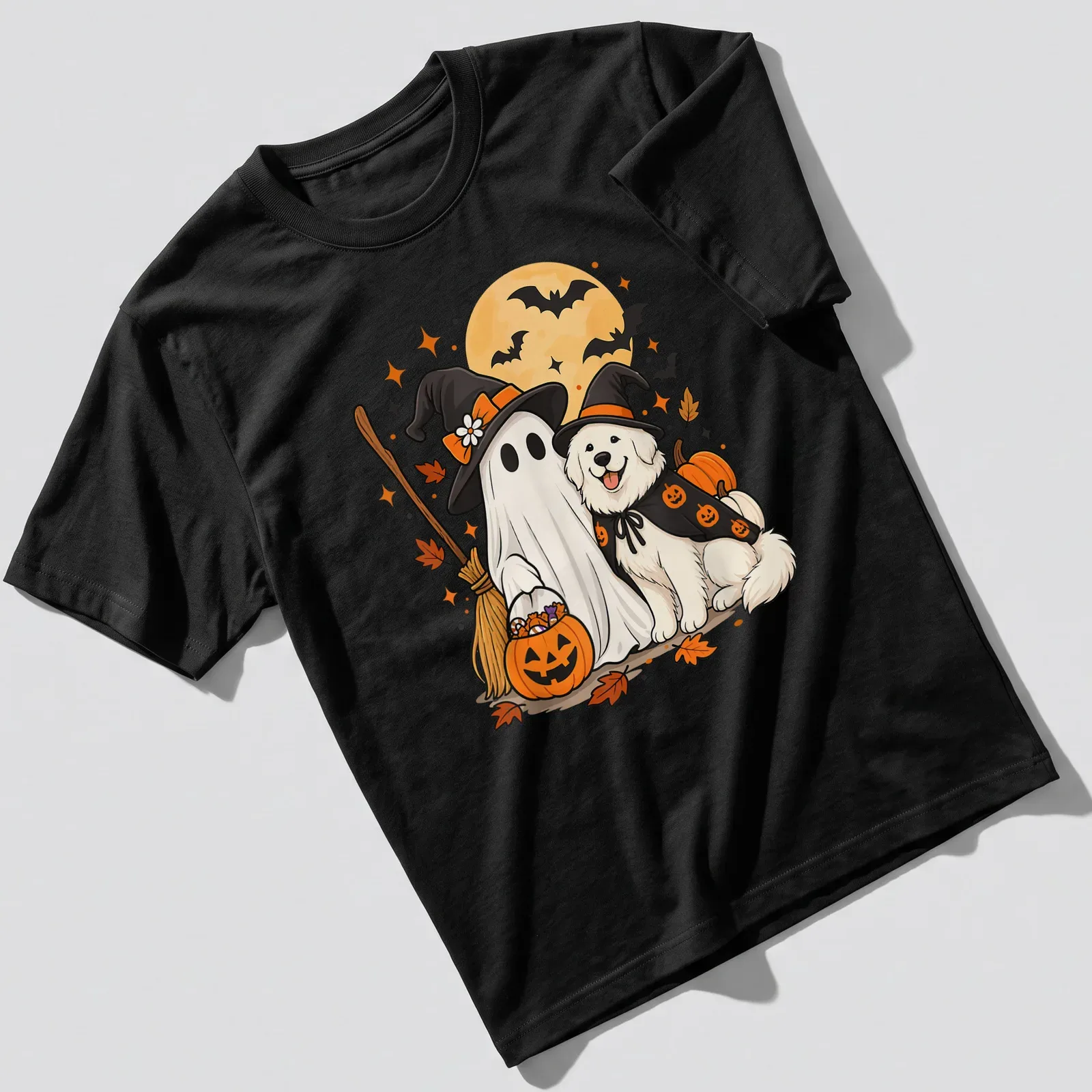 Kawaii illustration of a Great Pyrenees dog as a ghost with a witch hat — printed on a unisex t-shirt