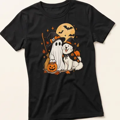 Kawaii illustration of a Great Pyrenees dog as a ghost with a witch hat — printed on a women's shirt