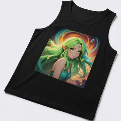 Fantasy illustration of a green-haired elf woman with floating crystals — printed on a tank top