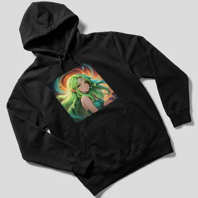 Fantasy illustration of a green-haired elf woman with floating crystals — printed on a unisex hoodie
