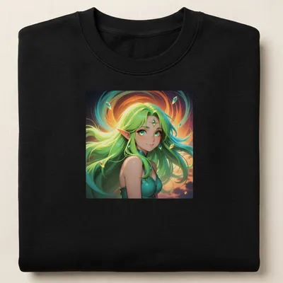 Fantasy illustration of a green-haired elf woman with floating crystals — printed on a unisex sweatshirt