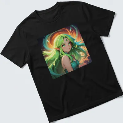Fantasy illustration of a green-haired elf woman with floating crystals
