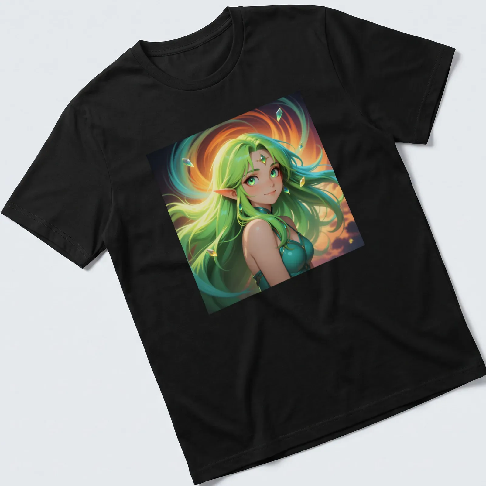 Fantasy illustration of a green-haired elf woman with floating crystals — printed on a unisex t-shirt