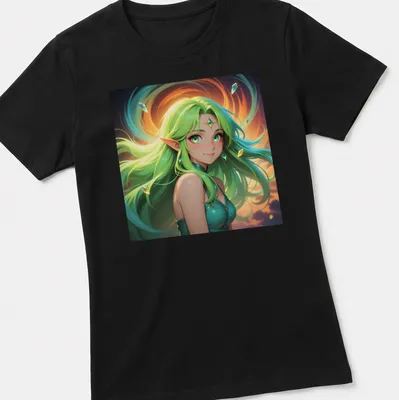 Fantasy illustration of a green-haired elf woman with floating crystals — printed on a women's shirt