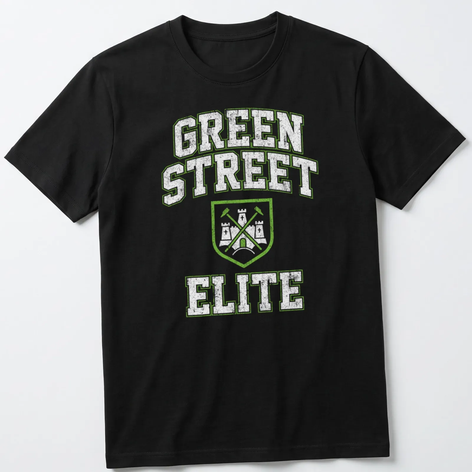 Vintage distressed T-shirt with Green Street Elite printed in light green — printed on a unisex t-shirt