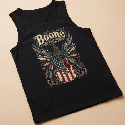 Vintage distressed shirt featuring a guitar with wings and the name Boone — printed on a tank top