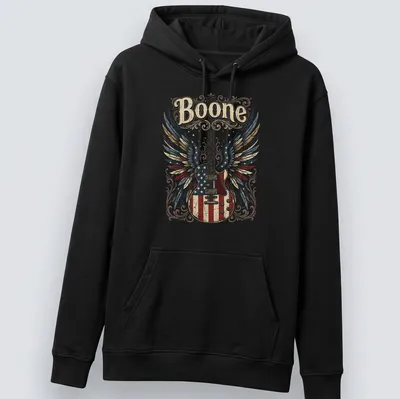 Vintage distressed shirt featuring a guitar with wings and the name Boone — printed on a unisex hoodie