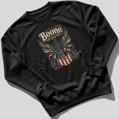 Vintage distressed shirt featuring a guitar with wings and the name Boone — printed on a unisex sweatshirt