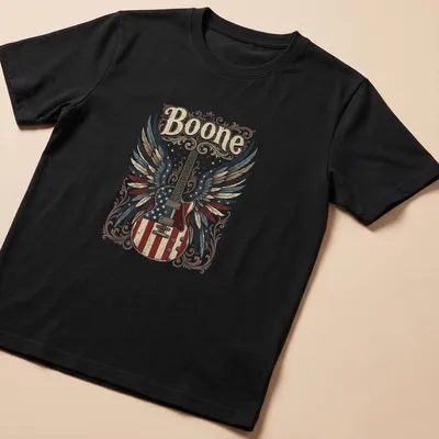 Vintage distressed shirt featuring a guitar with wings and the name Boone
