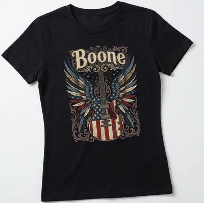 Vintage distressed shirt featuring a guitar with wings and the name Boone — printed on a women's shirt