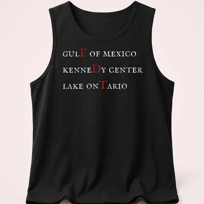 Text-based design featuring Gulf of Mexico, Kennedy Center, and Lake Ontario in red and white. — printed on a tank top