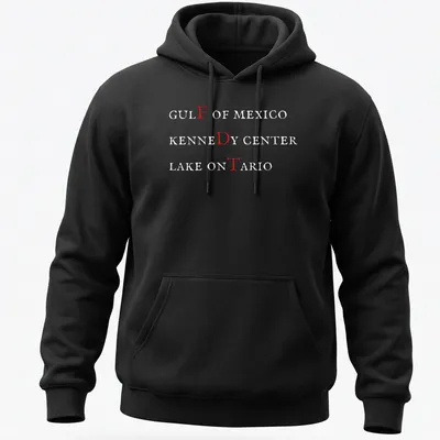 Text-based design featuring Gulf of Mexico, Kennedy Center, and Lake Ontario in red and white. — printed on a unisex hoodie