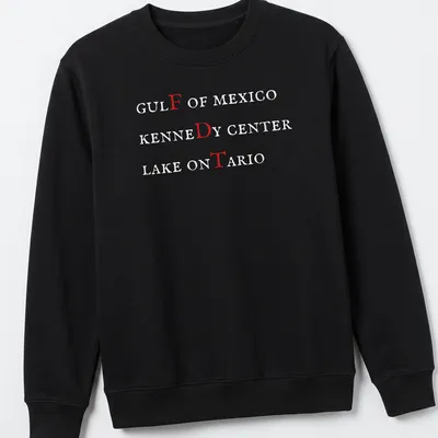 Text-based design featuring Gulf of Mexico, Kennedy Center, and Lake Ontario in red and white. — printed on a unisex sweatshirt