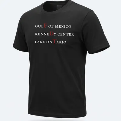Text-based design featuring Gulf of Mexico, Kennedy Center, and Lake Ontario in red and white.