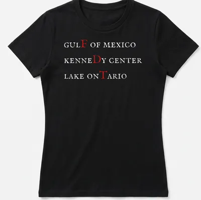 Text-based design featuring Gulf of Mexico, Kennedy Center, and Lake Ontario in red and white. — printed on a women's shirt