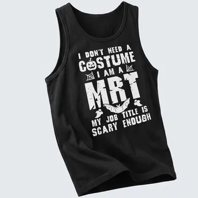 Funny Halloween t-shirt featuring playful typography about costumes — printed on a tank top