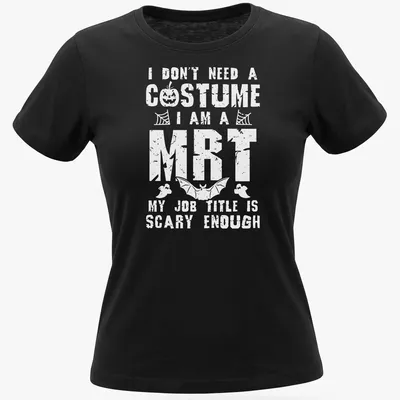 Funny Halloween t-shirt featuring playful typography about costumes — printed on a women's shirt