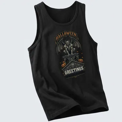 Vintage Halloween tee with a gargoyle and spooky text in black, orange, gray, and white — printed on a tank top