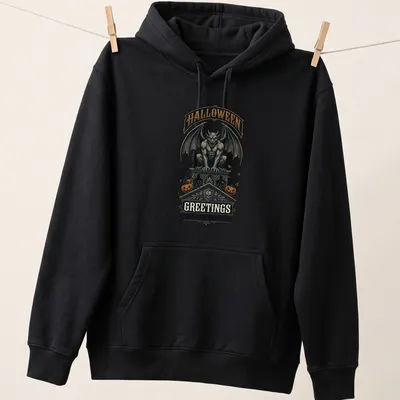 Vintage Halloween tee with a gargoyle and spooky text in black, orange, gray, and white — printed on a unisex hoodie