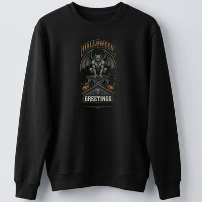 Vintage Halloween tee with a gargoyle and spooky text in black, orange, gray, and white — printed on a unisex sweatshirt