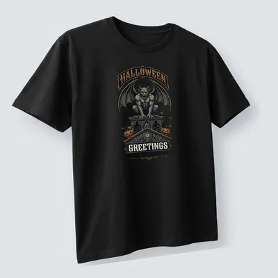 Vintage Halloween tee with a gargoyle and spooky text in black, orange, gray, and white — printed on a unisex t-shirt (angled view)