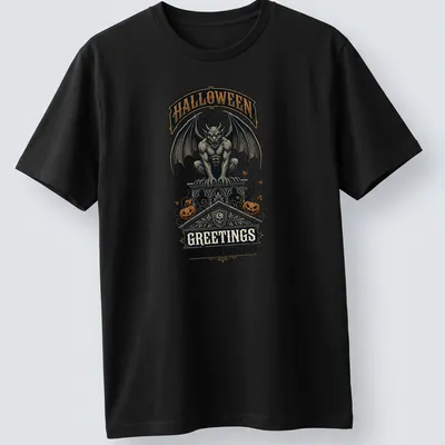 Vintage Halloween tee with a gargoyle and spooky text in black, orange, gray, and white