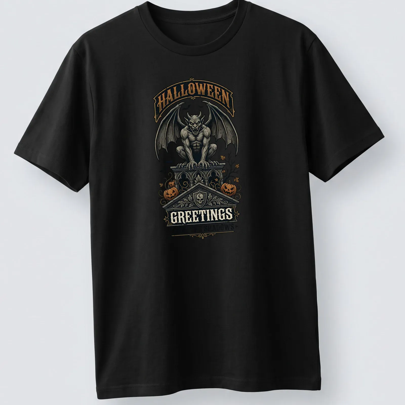 Vintage Halloween tee with a gargoyle and spooky text in black, orange, gray, and white — printed on a unisex t-shirt