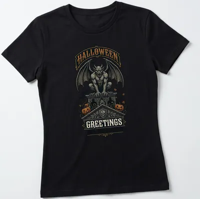 Vintage Halloween tee with a gargoyle and spooky text in black, orange, gray, and white — printed on a women's shirt