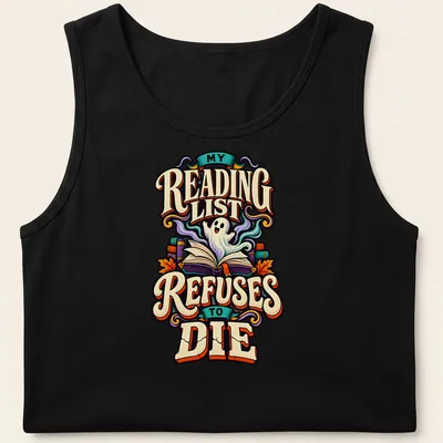 Vintage Halloween t-shirt featuring a ghost with books and text about reading lists — printed on a tank top