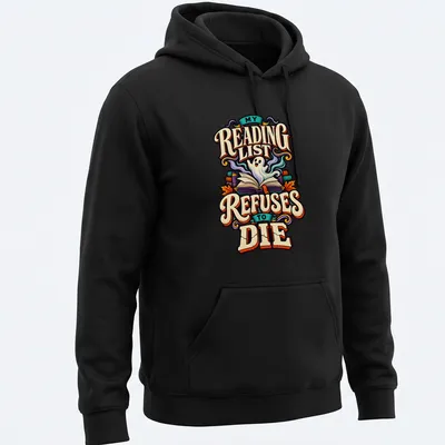 Vintage Halloween t-shirt featuring a ghost with books and text about reading lists — printed on a unisex hoodie