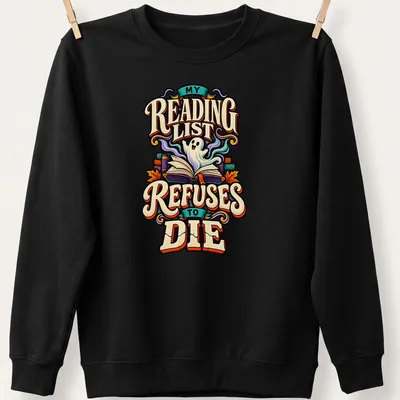 Vintage Halloween t-shirt featuring a ghost with books and text about reading lists — printed on a unisex sweatshirt