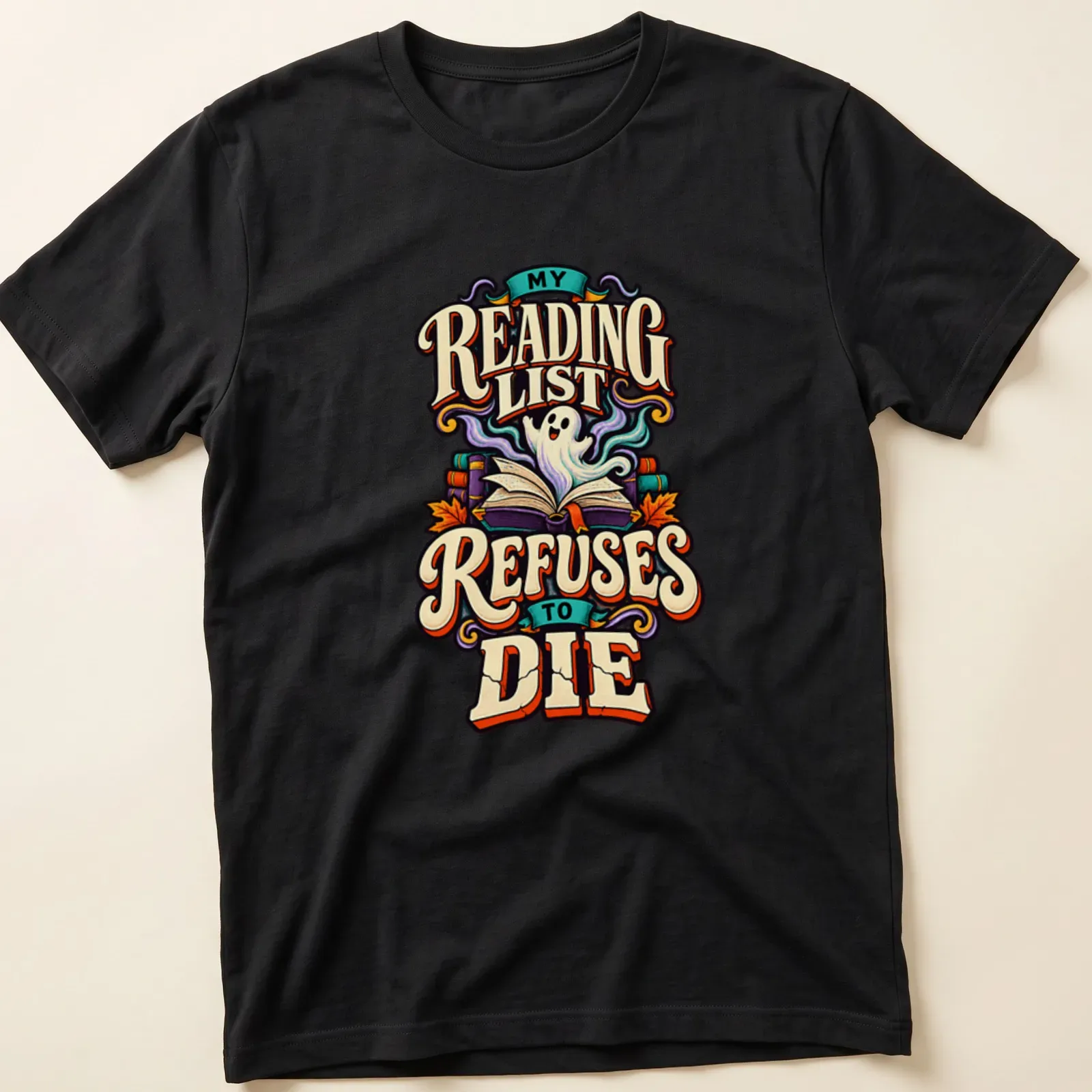 Vintage Halloween t-shirt featuring a ghost with books and text about reading lists — printed on a unisex t-shirt