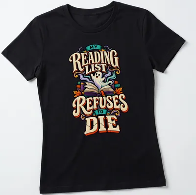 Vintage Halloween t-shirt featuring a ghost with books and text about reading lists — printed on a women's shirt