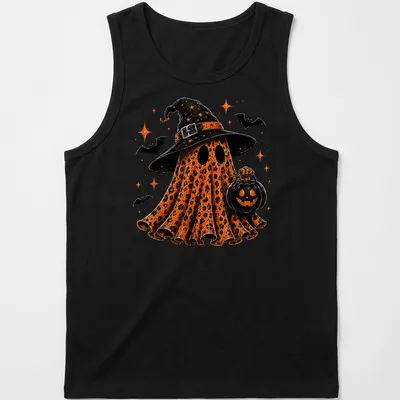 Colorful cartoon Halloween ghost wearing a witch hat beside a pumpkin — printed on a tank top