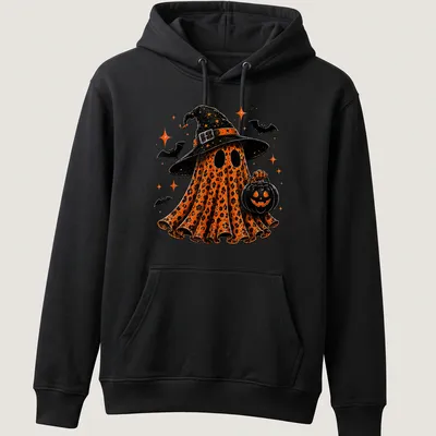 Colorful cartoon Halloween ghost wearing a witch hat beside a pumpkin — printed on a unisex hoodie