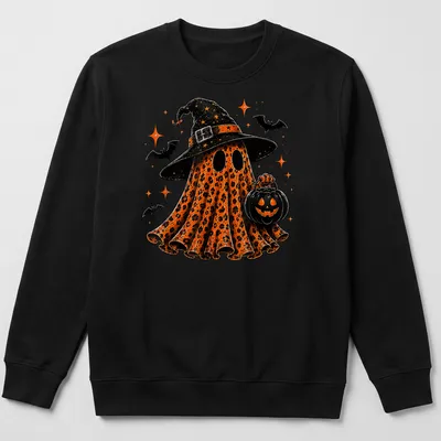Colorful cartoon Halloween ghost wearing a witch hat beside a pumpkin — printed on a unisex sweatshirt