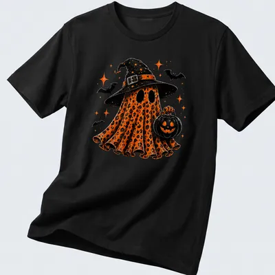 Colorful cartoon Halloween ghost wearing a witch hat beside a pumpkin