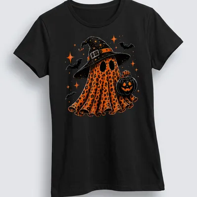 Colorful cartoon Halloween ghost wearing a witch hat beside a pumpkin — printed on a women's shirt