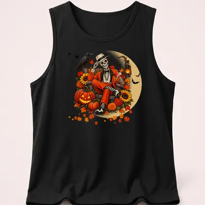 Vintage illustration of a skeleton sitting with pumpkins and autumn leaves — printed on a tank top