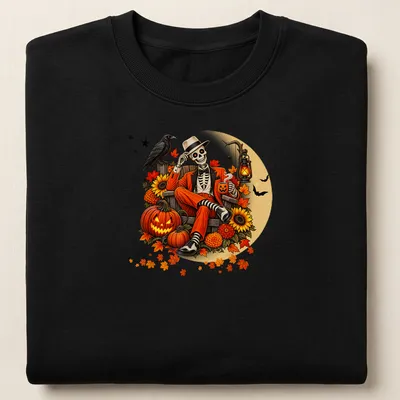 Vintage illustration of a skeleton sitting with pumpkins and autumn leaves — printed on a unisex sweatshirt