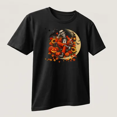 Vintage illustration of a skeleton sitting with pumpkins and autumn leaves — printed on a unisex t-shirt (angled view)