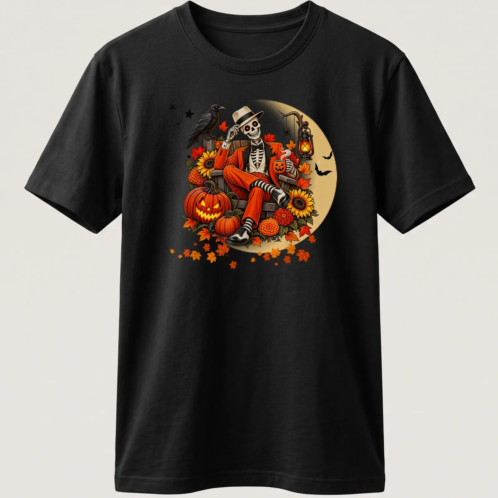 Vintage illustration of a skeleton sitting with pumpkins and autumn leaves — printed on a unisex t-shirt